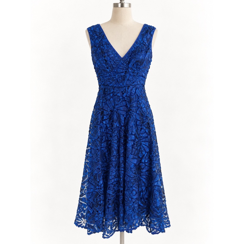 Tracy Reese Lace Sequin Dress Women XS Blue V-Neck Fit Flare Cocktail Glam